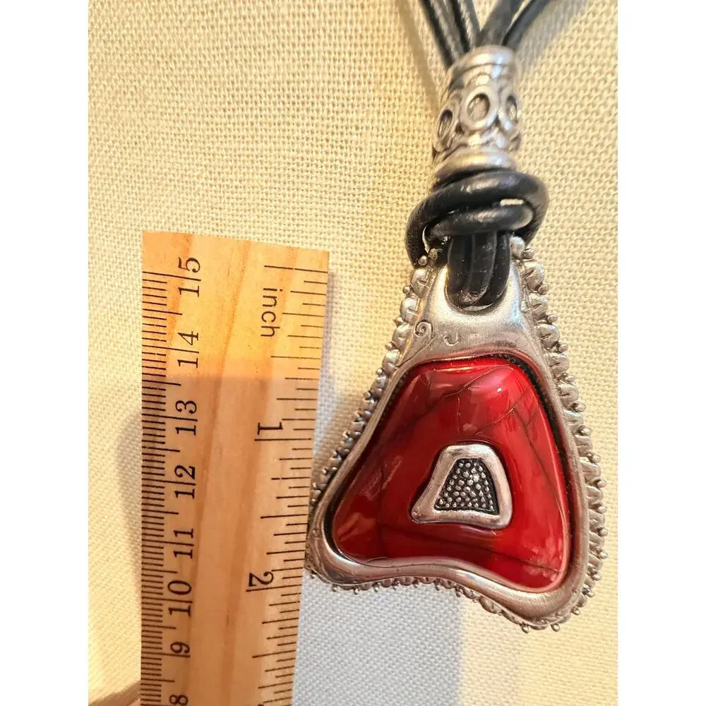 Vintage Red Geometric Pendant Cord Necklace 18”